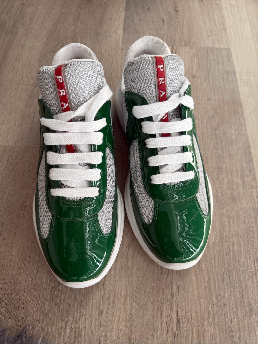Prada America Cup Green Patent & Gray Mesh Sneakers